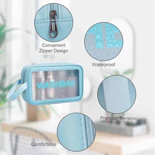 Aucuu 3PCS Clear Toiletry Bag, Wash Bag, Clear PU Makeup Bags, Waterproof Toiletry Travel Bags with Zipper Handle, Portable Airport Cosmetic B-ag for Travel Bathroom Men Women（Blue） — view 4