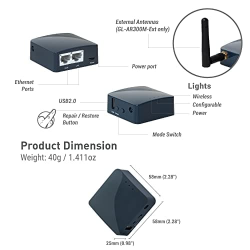 GL.iNet GL-AR300M16-Ext Mini Travel Wi-Fi Router OpenWrt 2 Ethernet Ports — view 2