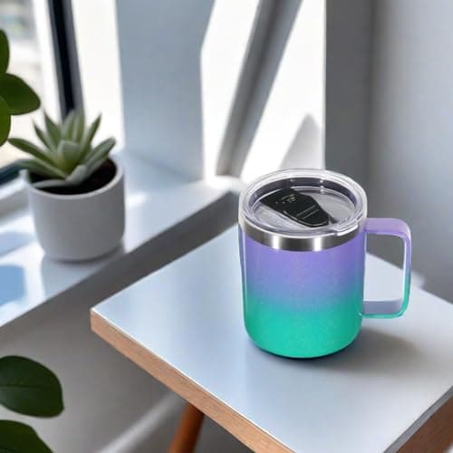 Volhoply 14oz Insulated Stainless Steel Coffee Mug with Leakproof Lid,Double Wall Vacuum Travel Coffee Cup with Handle,Reusable Metal Tumbler,Camping Mugs Keep Hot,Christmas Gifts(Purple Green,1) — view 5