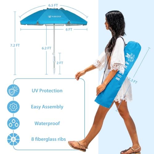 AMMSUN 6.5ft twice folded Portable beach umbrella with sand anchor windproof,Push Button Tilt and Air vent UV 50+ Protection Fits in a large Suitcase for Patio Garden Beach Pool Backyard Sky Blue — view 6