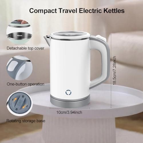 Zoravson 0.8L Travel Kettle Small, Low Wattage Kettle, Compact Electric Kettles Dual Voltage 110-240V, Auto Shut-Off and Dry-Boil Protection Stainless Steel Kettles for Office,Bedroom,Caravan-White — view 5