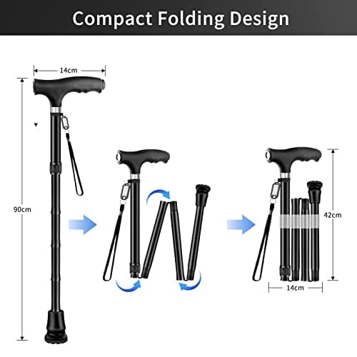 Folding Walking Stick with Light, OOCOME Foldable Walking Sticks for Men & Women Seniors Walking Aids Collapsible Walking Cane with Non-Slip Base Adjustable Height 77cm-90cm — view 2