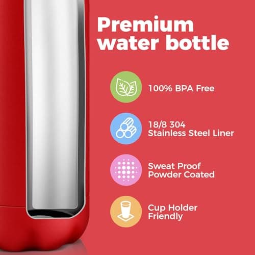 Volhoply 500ml Insulated Stainless Steel Water Bottle, Double Wall Vacuum Flask, Keeps Cold 24h & Hot 12h, Available in Packs of 1 or 4（Red,1 Pack） — view 4