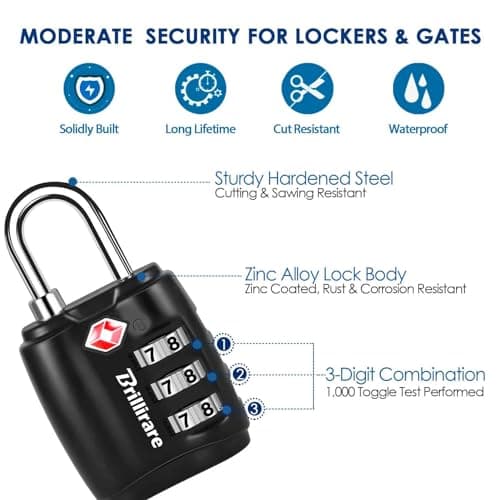 Brillirare TSA Approved Luggage Locks, Combination Travel Padlock, Zinc Alloy 3-Digit Waterproof Lock, TSA Accepted Outdoor Keyless Resettable for Lockers, Bags, Backpack, Gym, Gate-Black — view 5