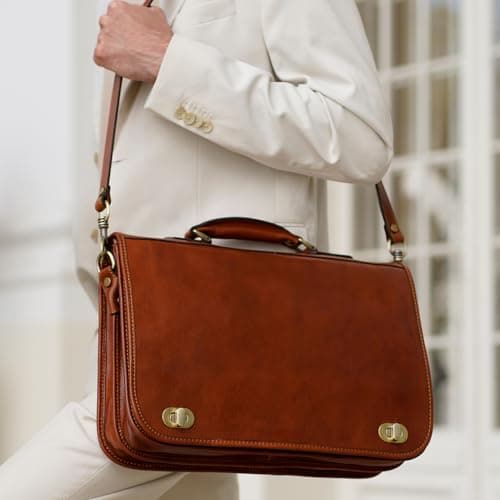 Time Resistance Leather Briefcase Hand-Crafted Shoulder Messenger Bag for Laptop up to 15 Inch Light Brown — view 3