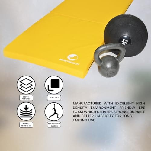 MAXSTRENGTH Tri-Folding Extra Thick Yoga Mat – Non-Slip Exercise & Gymnastics Mat | Soft Foam Fitness Mat with Carry Handle – 6ft x 2ft Foldable Workout & Travel Yoga Mat (Yellow) — view 3