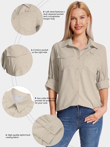 Faysfad Women's Safari Shirt UPF 50 UV Sun Protection Quick Dry Shirts Long Sleeve Hiking Walking Fishing Outdoor Travel(5081,Light Khaki,L) — view 3