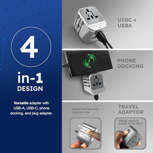 Desiretech Travel Adaptor - 4-in-1 Universal Plug Adapter with USB-A, USB-C, Phone Docking - Compact UK to World Adaptor, Double Fuse Protection - Perfect for Europe, USA, Asia & Beyond (White/Grey) — view 2