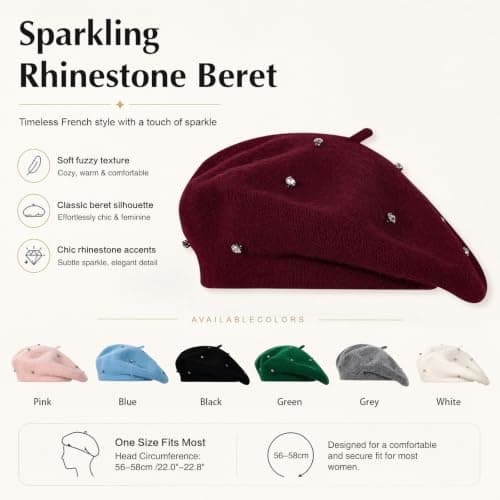 Women Wool Beret with Rhinestones Ladie Solid Color French Style Artist Hat — view 2