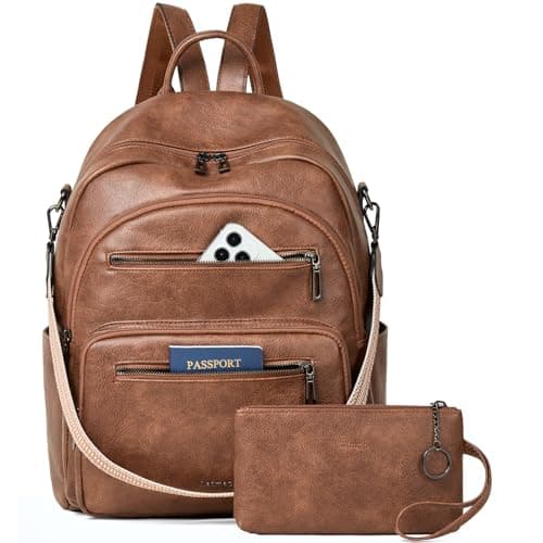 LATMAP 32L Vegan Leather backpack Women 14.5"x8.5"x16",Laptop Backpack for Women College Daypack Work Handbag Travel fits 14" Laptop Business,Brown