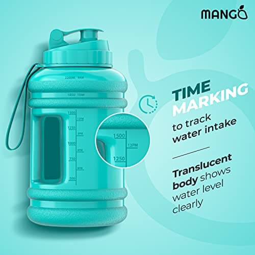 MANGO 2.2L Water Bottle With Straw and Time markings - BPA Free Xl Jug - Extra Large Durable Sports Bottles With Flip Cap - Ideal For Gym and Bodybuilding - Large Sports Reusable Water Bottle (Green) — view 3