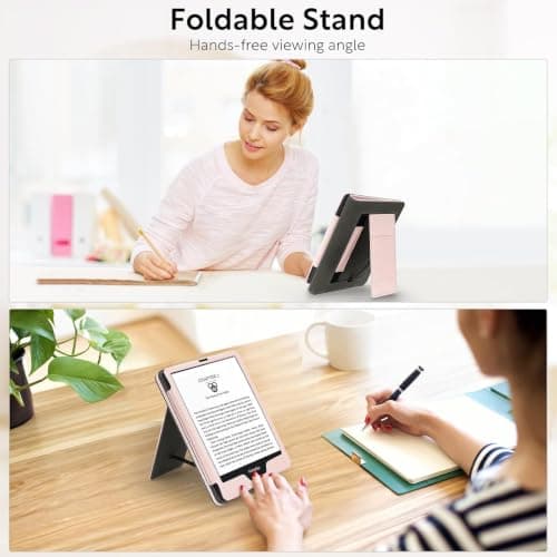 Slim Case for 7"/6.8" Kindle Paperwhite with Hand Strap(12th/11th Generation 2024/2021) and Kindle Colorsoft Signature Edition,Stand Cover and Card Slot,Premium PU Sleeve with Auto Wake/Sleep,Pink — view 5