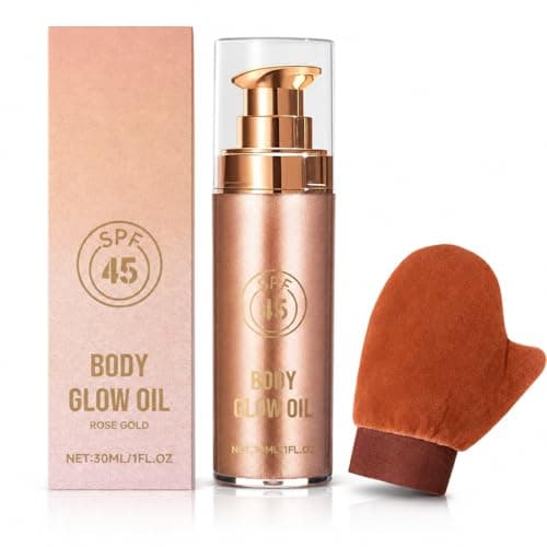 Body Shimmer Oil, Rose Gold Glow for Women, Oil Shimmer with Application Mitt, Lightweight Non-Sticky Liquid Highlighter for Arms Legs Decolletage Party Holiday Makeup
