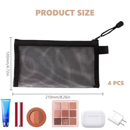 4 Pcs Small Make Up Bag, Mesh Toiletry Bags, Cosmetic Bag with Zipper for Women Men Cosmetics Toiletries Handbag (Black) — view 2