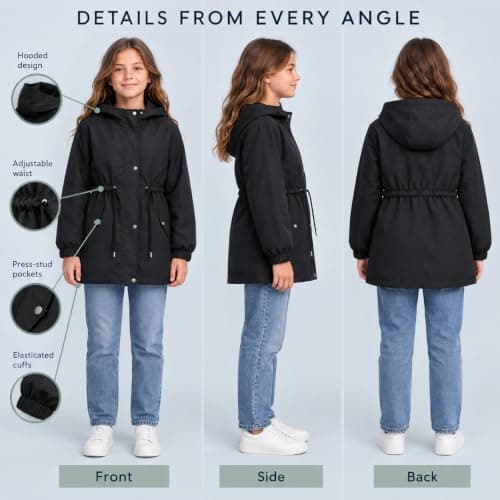 Black Girls Waterproof Jacket Windproof Hooded Raincoat Outdoor 9 Years — view 4
