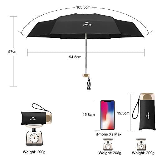 Vicloon Mini Umbrella, Pocket Umbrella （Black） with Golden Handle, 210T Black Rubber Cloth & 6 Aluminum Alloy Ribs, Foldable Compact Travel Umbrella, UPF>50+ UV Resistance — view 2
