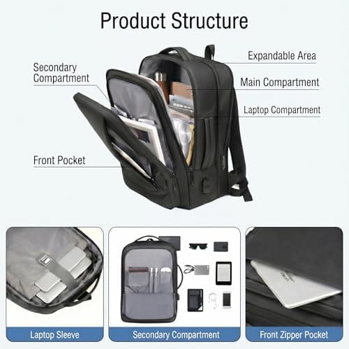 FaVen Laptop Backpack, 15.6 Inch Waterproof Laptop Rucksack with USB Charging Port, Expandable Travel Backpack with Laptop Compartment, Mens Leather Laptop Bag for Work, Business, Travel, Black — view 4