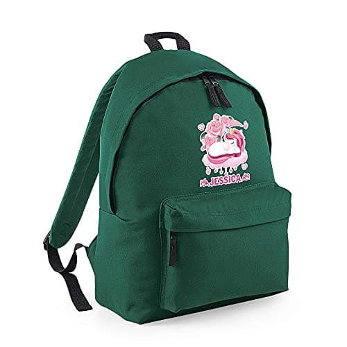 Personalised Floral Unicorn Girl Princess Sleeps Here ANY NAME Girls Kids Birthday Fashion Backpack Back to School Rucksacks Toddler Shoulder Bag Travel Bag. (Bottle Green)