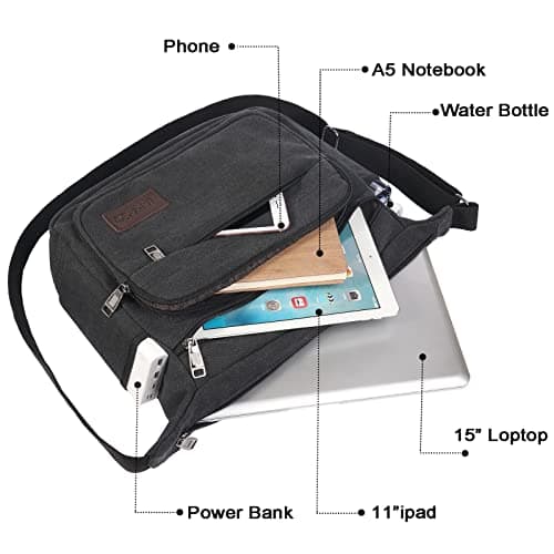 JAKAGO Canvas Messenger Bag Mens/Women Shoulder Bag with Multiple Pockets for School Travel Outdoor Fishing Camping Work Daily Use (15 inch,Black) — view 6