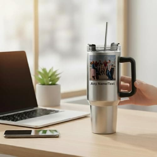 Getagift Personalised 40oz Travel Tumbler with Handle & Straw | Custom Name/Text with Your Own Photo | Stainless Steel Large Cup | Travel Water Bottle | Car Coffee Mug. (Silver) — view 2