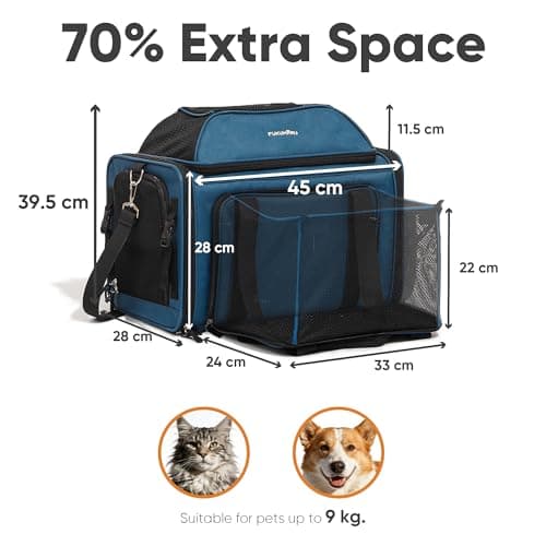 FUKUMARU Expandable Cat Carrier, 45x28x28cm Soft Cat Travel Carrier, Ventilate Airline Approved Dog Carrier, Durable Small Dog Carrier with Anti-Scratch Mesh, Escape-Proof Pet Carrier for Cat, Blue — view 2