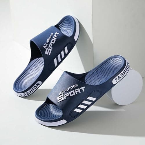Men's Summer Slides Thick Soft Cushioned Sole Anti Slip Wear Resistant Outsole Odor Resistant Daily Wearing Travel & Vacation Friendly Reinforced Integrated Structure Effortless Slip On Style Navy — view 3