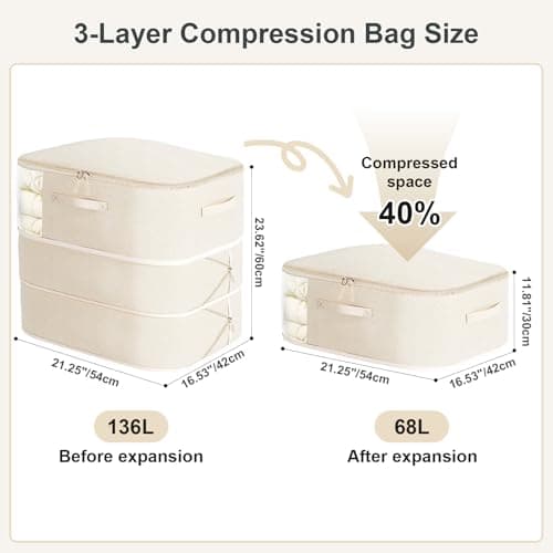 Space Saving Compression Storage Bags, 2 Pack Large Compression Packing Cubes, 3-Layer Space Saver Bags, Compress 136L to 68L for Comforters, Clothes, Pillow, Blankets, Bedding, Moving, Dorm, Beige — view 2