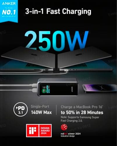 Anker Prime 27,650mAh Power Bank (250W), 3-Port Portable Charger, Smart App, Compatible with iPhone 16/15/14/13 Series, Samsung, Dell, AirPods, and More (Charging Base Not Included) — view 2