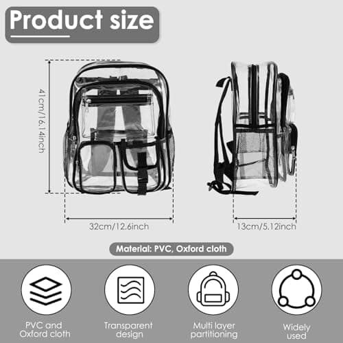 Clear Backpack Heavy Duty PVC Clear Bookbag 32x41x13cm Large Capacity Multi Pockets Lightweight See Through Backpack with Adjustable Straps for Men Women College Concerts Sports Stadium Events(Black) — view 2