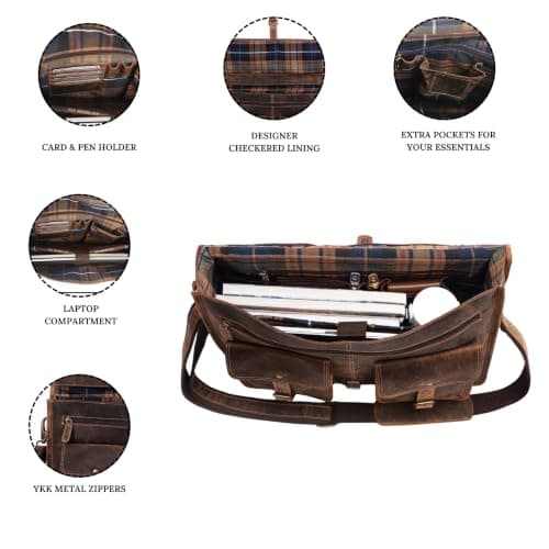 Leather briefcase 18 inch laptop messenger bag for men and women best satchel office bag by KPL — view 5