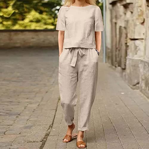 Two Piece Outfits Women Summer Tracksuits Linen Lounge Wear Sets Ladies Co Ords Round Neck Short Sleeve Tops and Trousers 2 Piece Jogger Outfit Casual Suit Vacation Travel Outfits Holiday Clothes — view 2
