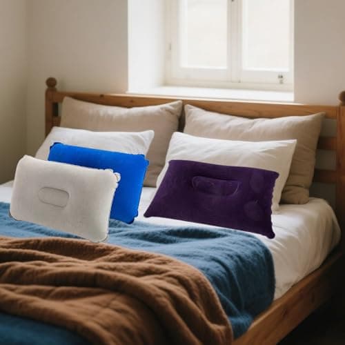 UEKPDM 3 Pack Inflatable Camping Pillows, Water-Resistant Compressible Travel Pillows, Lightweight Foldable Blow Up Pillow for Neck Support, Grey, Purple Blue & Royal Blue — view 6