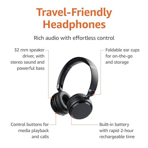 Amazon Basics Wireless Bluetooth 5.1 Over-Ear Headphones, 35h playtime, Lightweight, Adjustable, for Travel, Office, Mobile Phone, PC, Black — view 3
