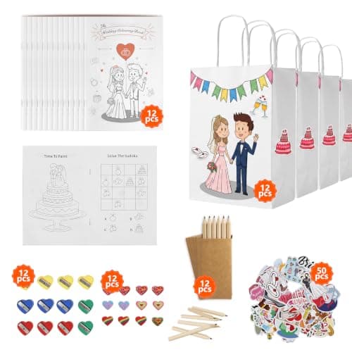 12 Kids Wedding Activity Packs with Colouring Books, Pencils & Gift Bags
