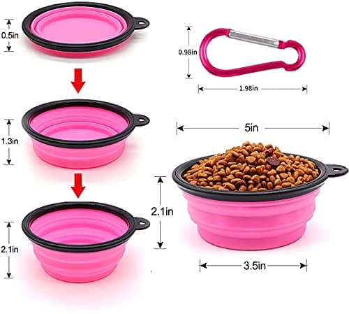 Collapsible Dog Bowl,Collapsible Dog Water Bowls for Cats Dogs, Portable Pet Feeding Watering Dish,Portable Dog Water Food Bowl with Carabiner (Small(350ML), pink+Orange) — view 2