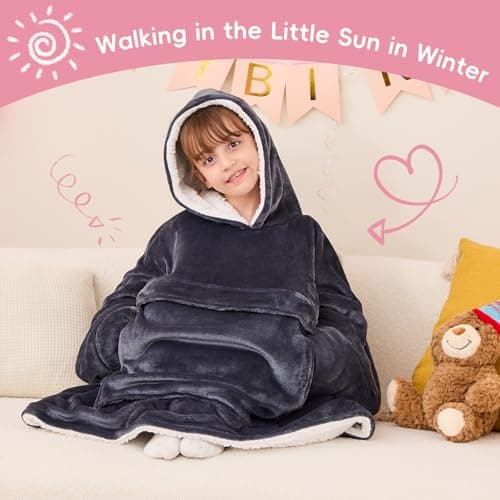 yescool Wearable Blanket Sweatshirt Kids, Oversized Blanket Hoodie with Sherpa for Kids, Youth, Boys, Girls, Portable Warm Travel Pillow, Teen Wearable Blankets, Hand Warmer, One Size, Grey — view 2