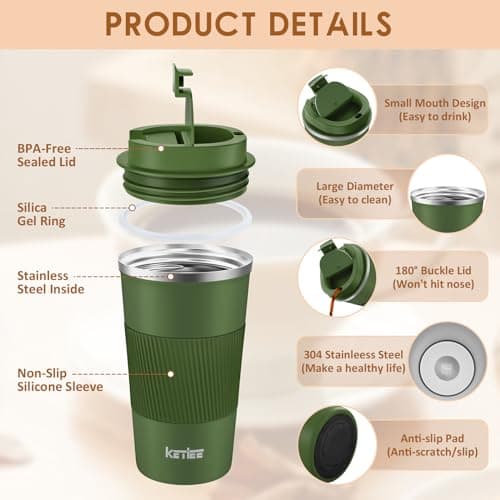 Travel Mugs,KETIEE 510ml Insulated Coffee Cup with Leakproof Lid,Reusable Coffee Cups Travel Cup,Coffee Travel Mug,Double Walled Coffee Mug,Stainless Steel thermaol Mug for Hot Cold Drinks,Olive Drab — view 2