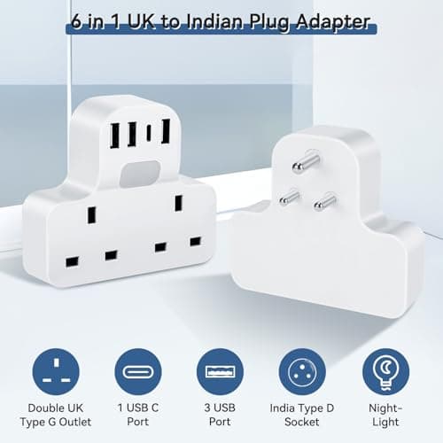 UK to India Plug Adapter,SHUOMAO Double UK to 3 Pin India Travel Adapter with 3 USB+1 USB C,Converter Plug Adaptor with with Night Light,for India,Sri Lanka,Pakistan,Burma,Maldives,Yemen(Type D) — view 2