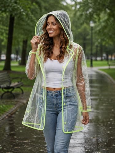 shelikes Women’s Raincoat Transparent Waterproof Rain Mac Jacket Clear Lightweight Raincoats with Hood & Pockets for Camping Outdoor Events & Travel Yellow — view 3