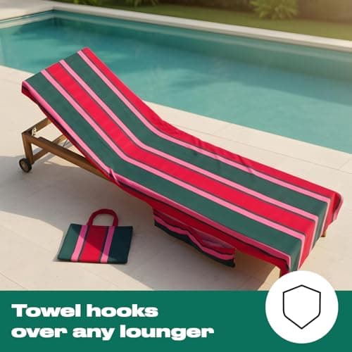 OHS Sun Lounger Towel with Pockets, Soft Absorbent Summer Holiday Essentials Stripe Beach Towels for Adults Lightweight Quick Dry Large Microfibre Beach Towel, Green/Red - 75 x 215cm — view 6