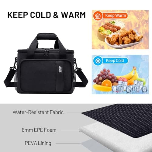 MIER Large Lunch Bag Men with Shoulder Strap & Multiple Pockets, 15L, Black — view 3