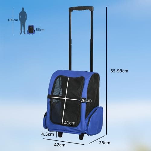 PawHut Pet Travel Backpack Bag Cat Puppy Dog Carrier w/ Trolley and Telescopic Handle Portable Stroller Wheel Luggage Bag (Blue) — view 3