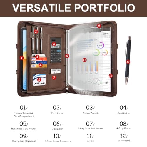 Leathario Portfolio Folder A4, Vegan Leather Conference Folder with Handle, 4-Ring Travel Document Holder with 10 Sheet Protectors, Multi-Pocket Document Folder Organiser, Office Supplies — view 6