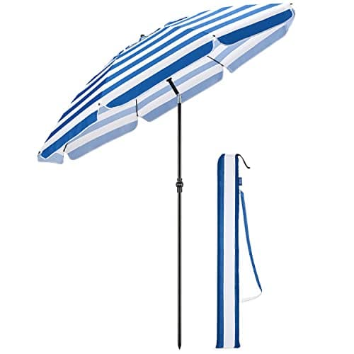 CHRISTOW Portable Beach Parasol with Bag, 2m, Blue & White Stripes