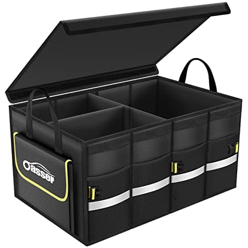 Oasser Car Boot Organiser 55L with Foldable Cover, 3 Compartments, Black