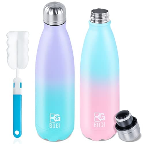 BOGI 2 Pack Insulated Stainless Steel Water Bottle - Leakproof, Keeps Drink Hot & Cold - Sport Bottle for Girls & Boys with Cleaning Brush