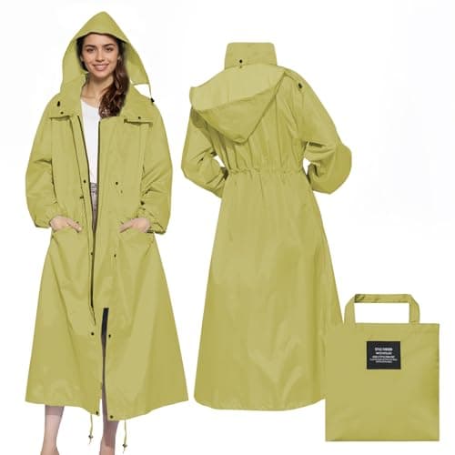 SOPPY Women's Long Waterproof Raincoat, Lightweight Hooded Rain Jacket, Cream Yellow, XXL