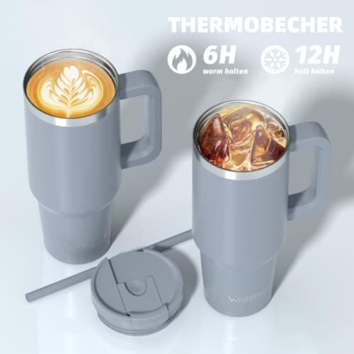 WATERSY 40oz Travel Mug Coffee Cup with 2 Straws, Tumbler Lid and Handle, Stainless Steel Double Wall Vacuum Insulated Coffee Water Bottle Thermal for Cold Hot Coffee 1182ml Light Gray Blue — view 2