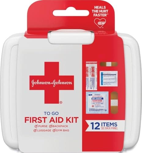 Johnson & Johnson First Aid To Go!, Emergency First Aid Travel Kit with Adhesive Bandages, Gauze Pads & Cleansing Wipes for Purse, Backpack, Gym Bag or Luggage, 12 pieces