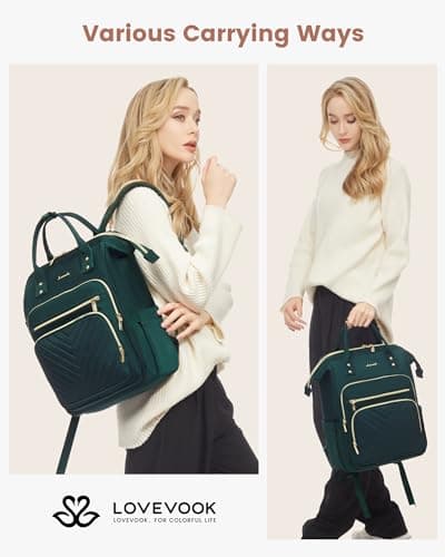 LOVEVOOK Laptop Backpack Womens, 15.6 inch Laptop Rucksack Bag for Women, Large Ladies Backpacks Waterproof School Bags with USB Port, Fashion Daypacks for Uni College Work Travel, Dark Green — view 2